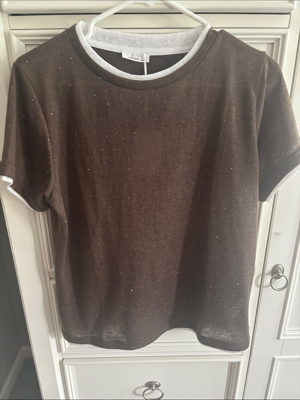 Milano Brown Short-Sleeve Crewneck Top with Cream Trim and Sparkled Dots
